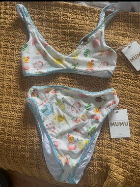 Show Me Your Mumu Bikini Set NWT Size Large Fruit Print Textured High Cut Swim